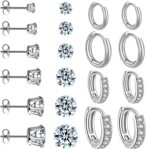 10 Pairs Silver Stud Earrings and Hoop Earrings for Women, Surgical Steel Earrings for Women, Hypoallergenic Earrings