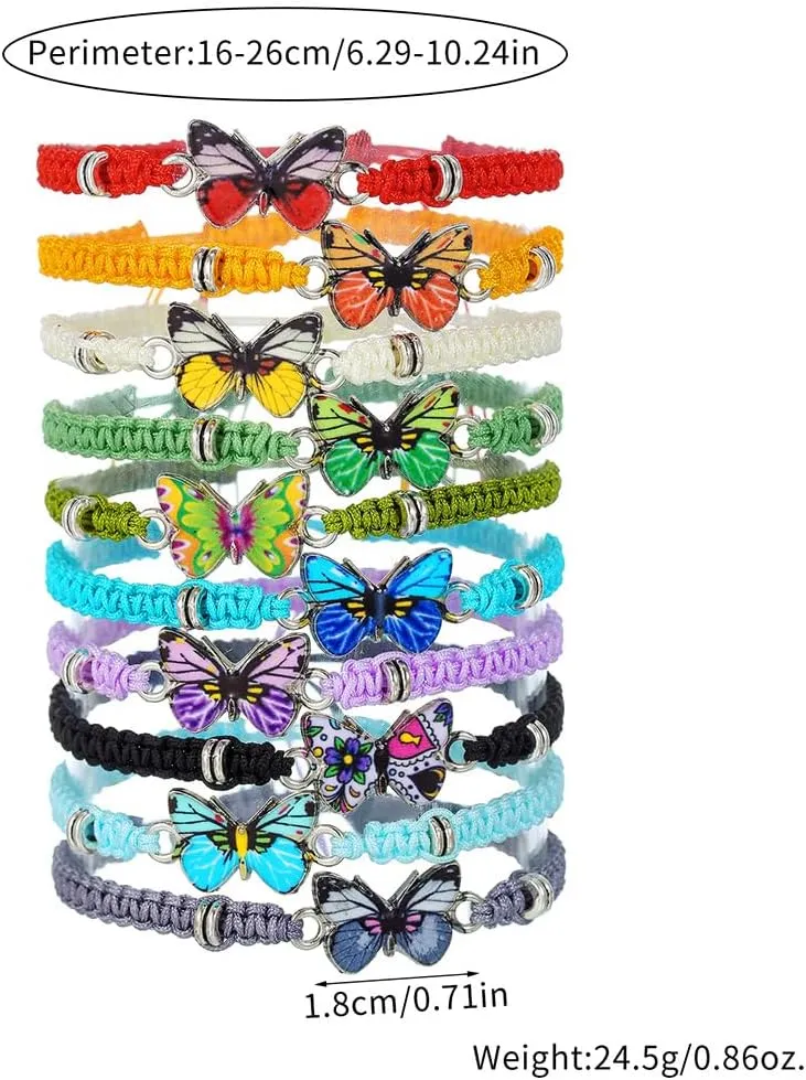 10/12Pcs Colorful Crystal Butterfly Charm Bracelets Set With Card Handmade Adjustable Polymer Clay Woven Butterfly Friendship Stretch Bracelets for Women Summer Preppy Party Jewelry Gifts