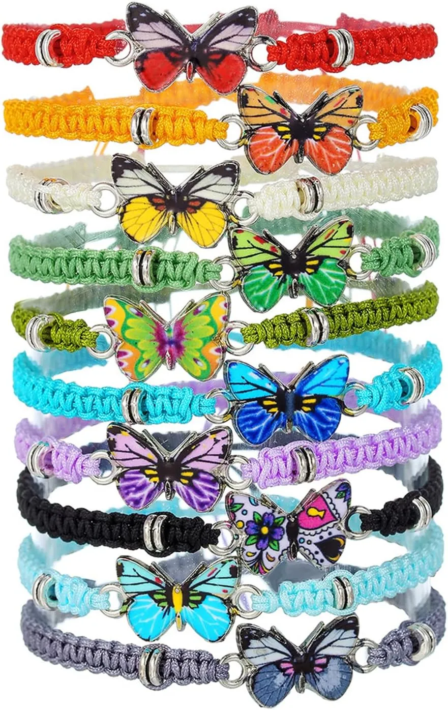 10/12Pcs Colorful Crystal Butterfly Charm Bracelets Set With Card Handmade Adjustable Polymer Clay Woven Butterfly Friendship Stretch Bracelets for Women Summer Preppy Party Jewelry Gifts