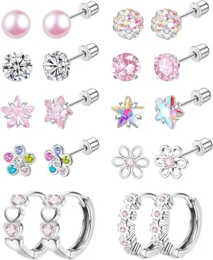10Pairs Hypoallergenic Screwback Earrings for Women Surgical Stainless Steel Stud Earrings Small Huggie Hoop Earrings Cute CZ Flower Heart Star Cartilage Earrings