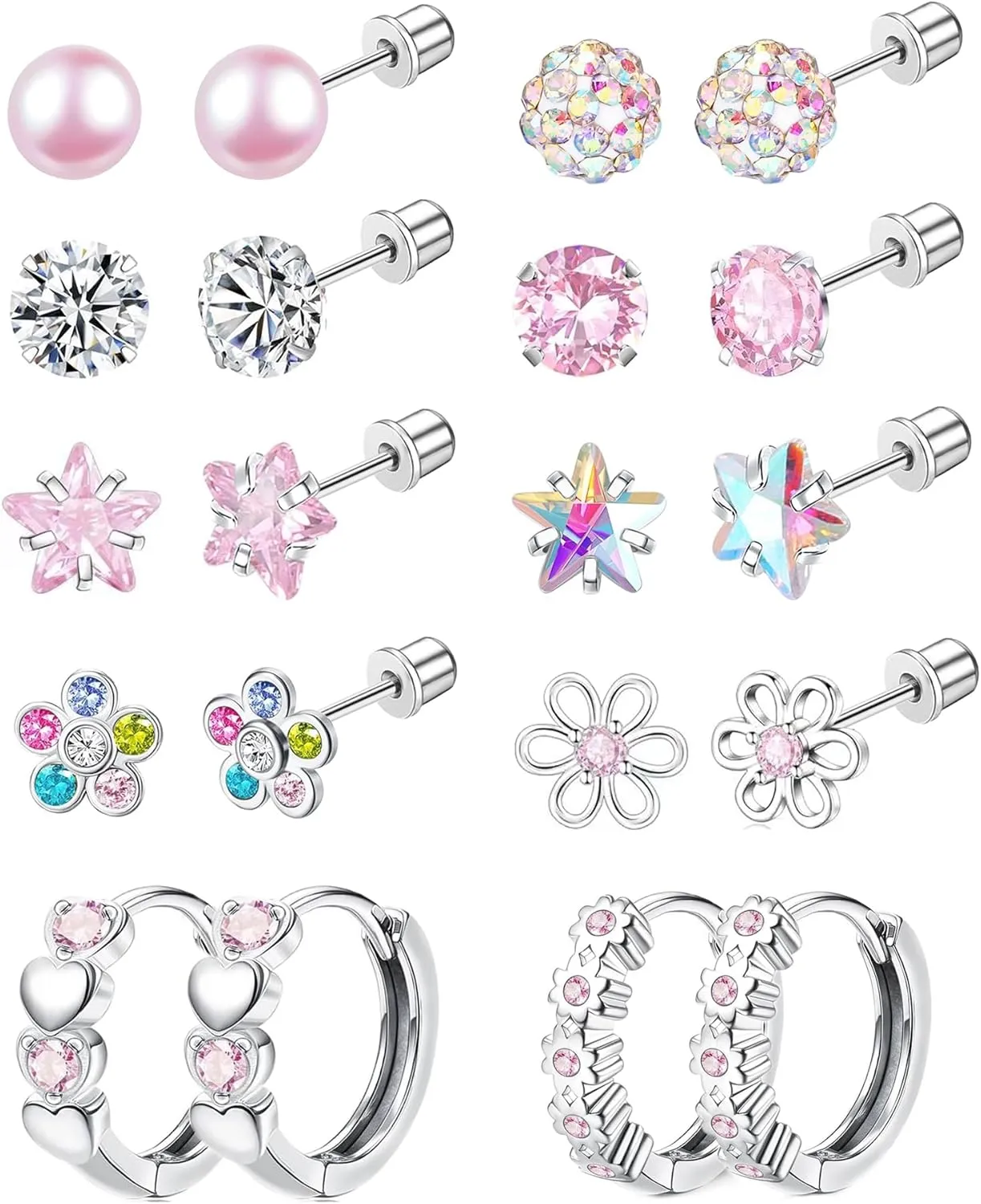 10Pairs Hypoallergenic Screwback Earrings for Women Surgical Stainless Steel Stud Earrings Small Huggie Hoop Earrings Cute CZ Flower Heart Star Cartilage Earrings