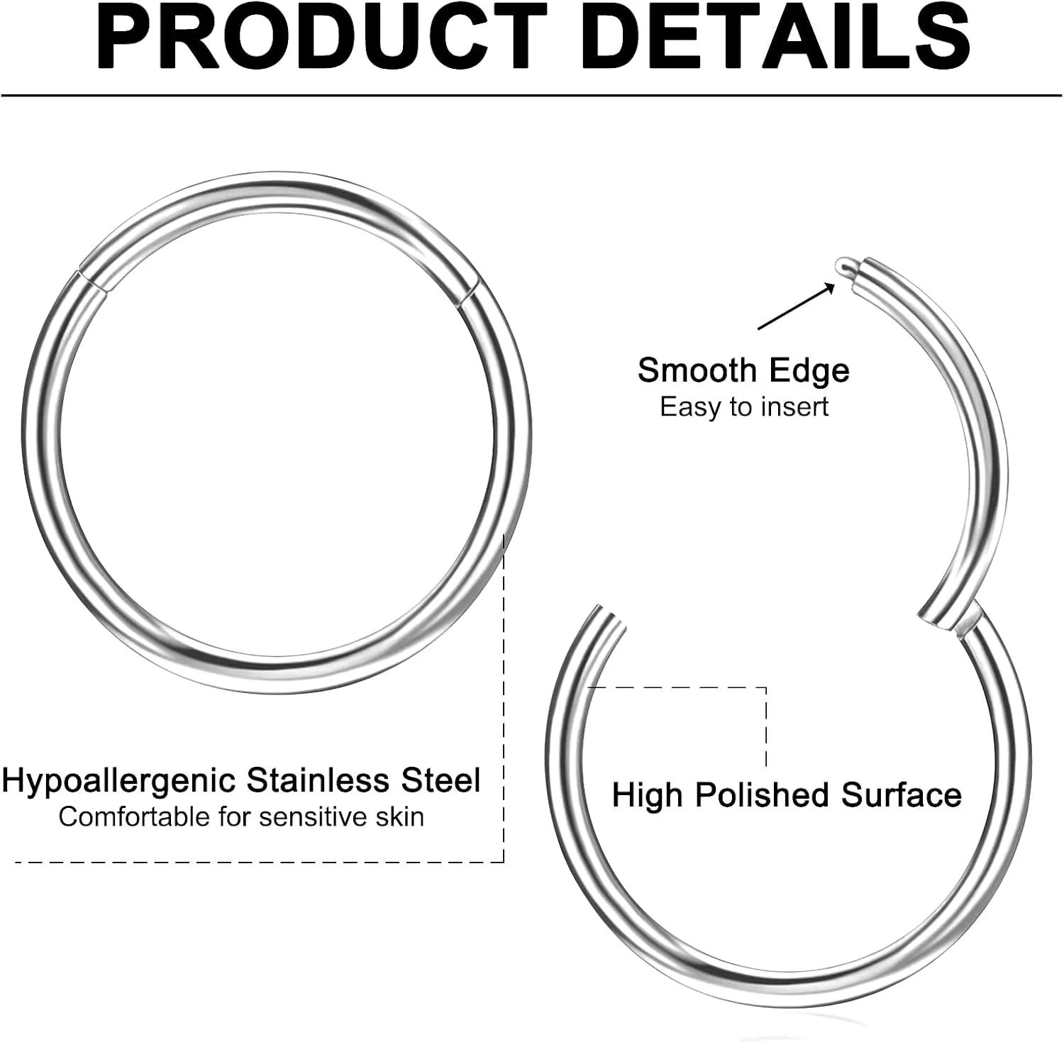 10Pcs Nose Rings 16G 18G 20G for Women - 316L Surgical Steel Hoop Hinged Clicker Conch Septum Tragus Cartilage Earring Lip Rings Nose Piercing Jewelry 6mm-14mm