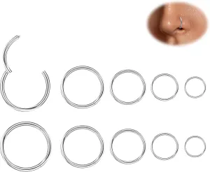 10Pcs Nose Rings 16G 18G 20G for Women - 316L Surgical Steel Hoop Hinged Clicker Conch Septum Tragus Cartilage Earring Lip Rings Nose Piercing Jewelry 6mm-14mm