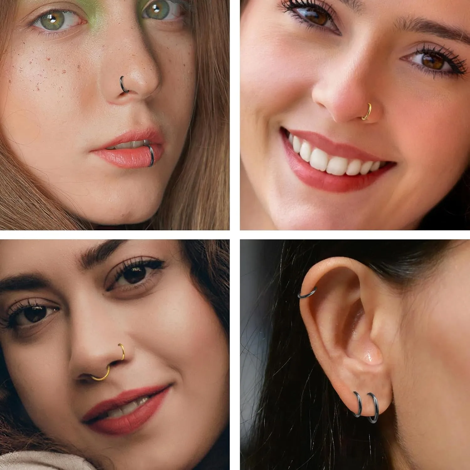 10Pcs Nose Rings 16G 18G 20G for Women - 316L Surgical Steel Hoop Hinged Clicker Conch Septum Tragus Cartilage Earring Lip Rings Nose Piercing Jewelry 6mm-14mm