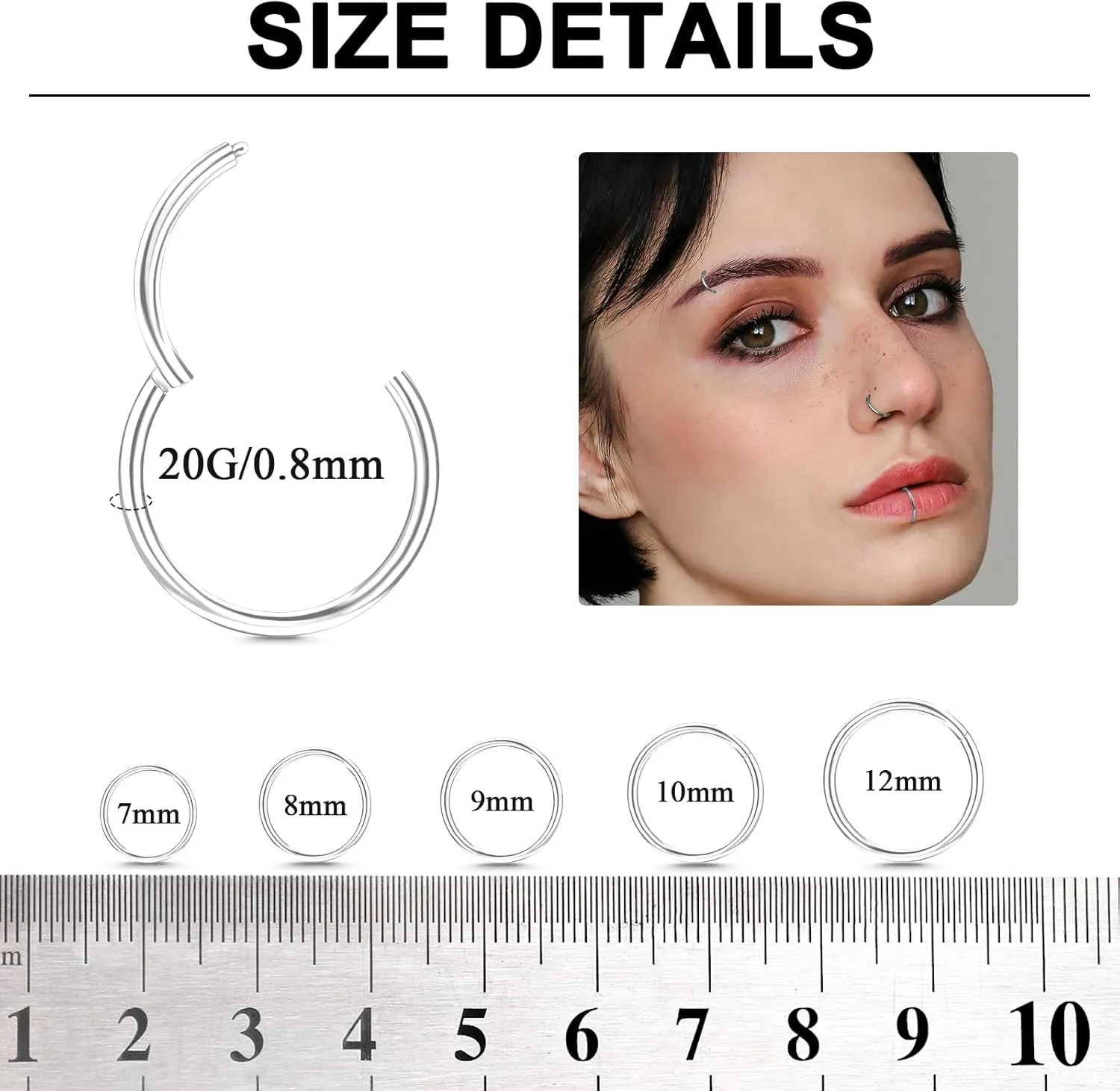 10Pcs Nose Rings 16G 18G 20G for Women - 316L Surgical Steel Hoop Hinged Clicker Conch Septum Tragus Cartilage Earring Lip Rings Nose Piercing Jewelry 6mm-14mm