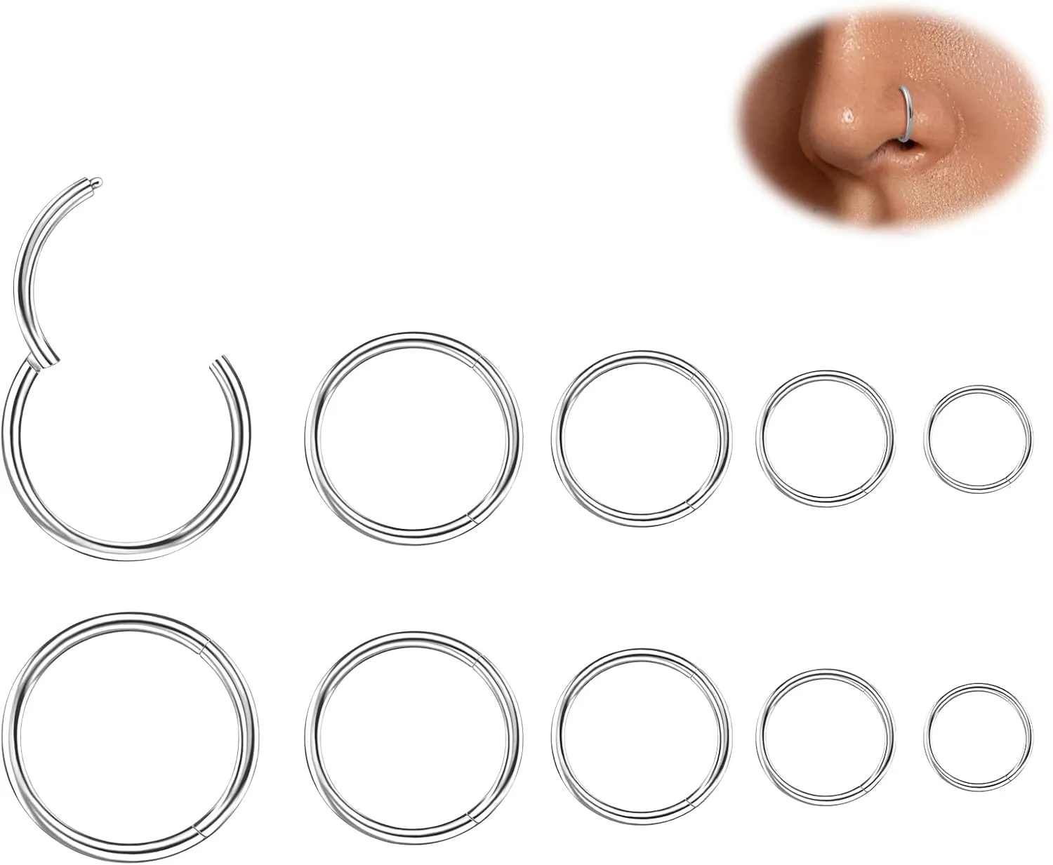 10Pcs Nose Rings 16G 18G 20G for Women - 316L Surgical Steel Hoop Hinged Clicker Conch Septum Tragus Cartilage Earring Lip Rings Nose Piercing Jewelry 6mm-14mm