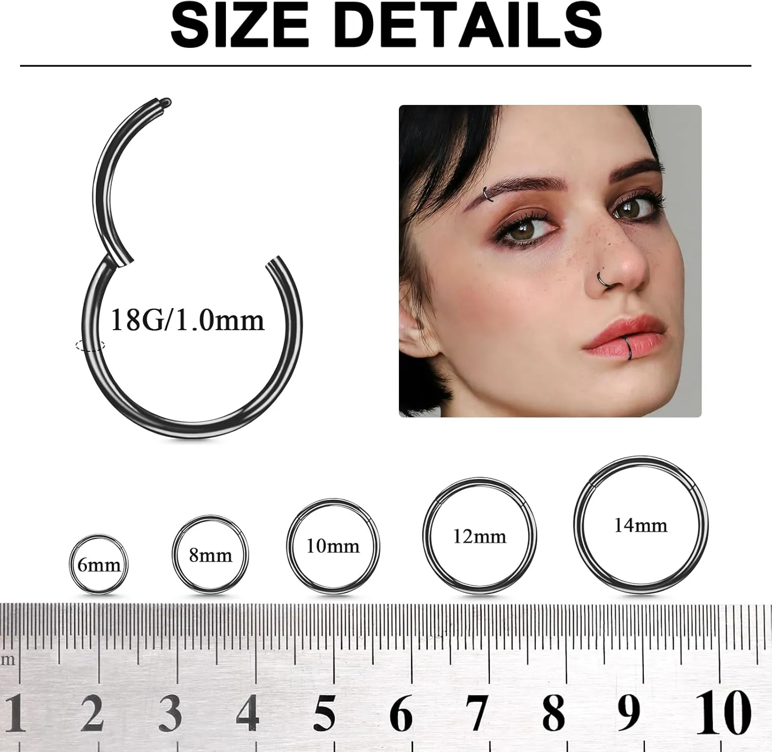 10Pcs Nose Rings 16G 18G 20G for Women - 316L Surgical Steel Hoop Hinged Clicker Conch Septum Tragus Cartilage Earring Lip Rings Nose Piercing Jewelry 6mm-14mm