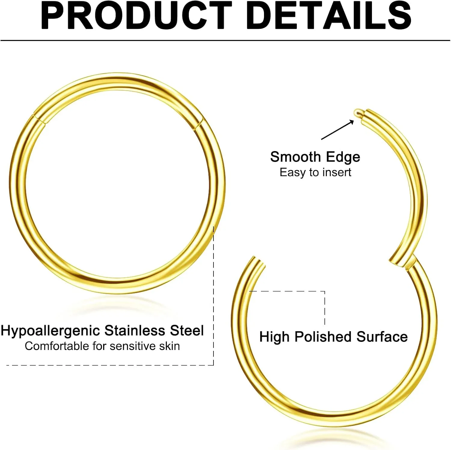10Pcs Nose Rings 16G 18G 20G for Women - 316L Surgical Steel Hoop Hinged Clicker Conch Septum Tragus Cartilage Earring Lip Rings Nose Piercing Jewelry 6mm-14mm