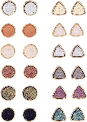 12 Pairs Druzy Stud Earrings for Women 12mm Round Triangle Resin Cluster Stud Earrings Set Stainless Steel Pierced Gold Black Multicolor