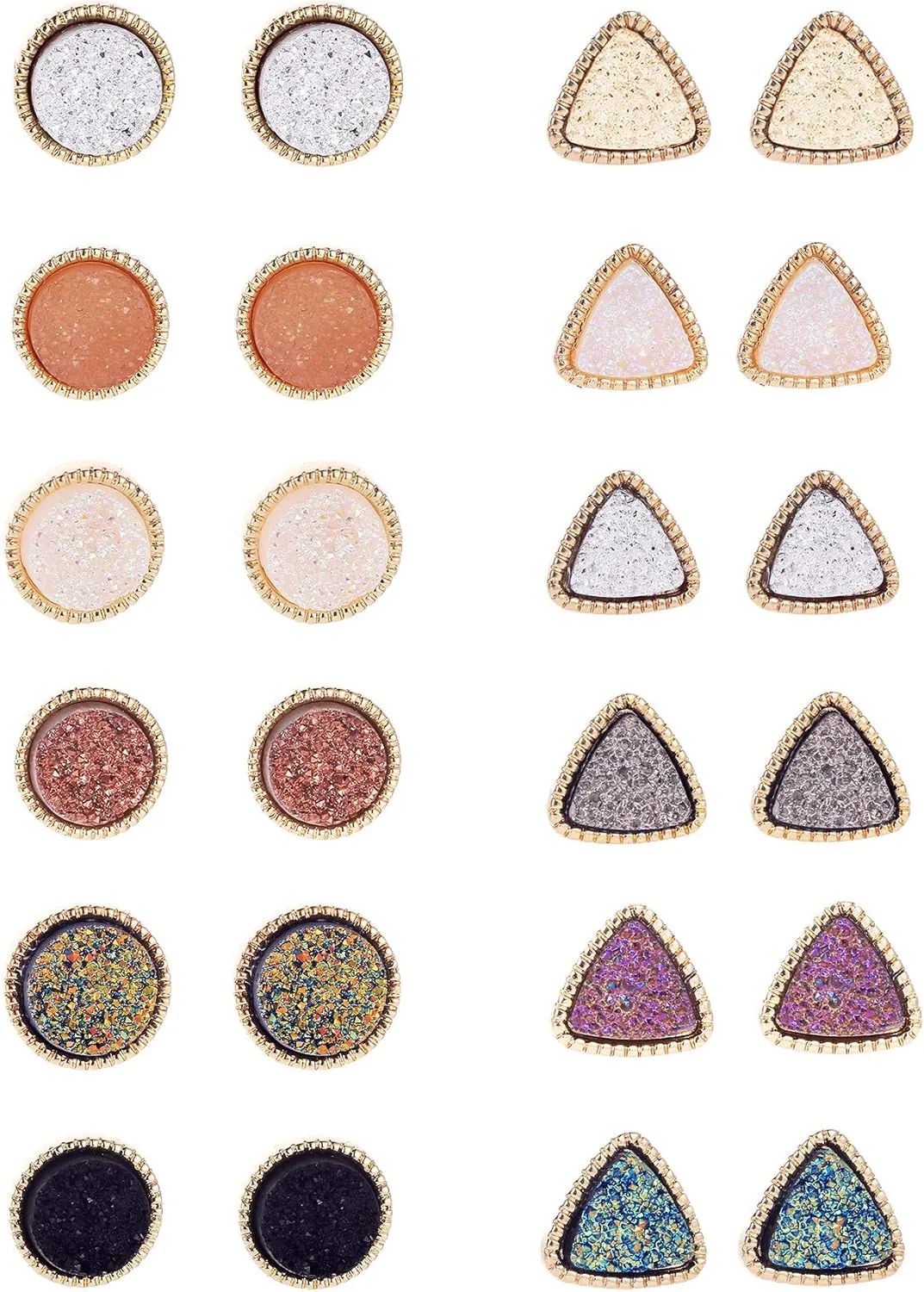12 Pairs Druzy Stud Earrings for Women 12mm Round Triangle Resin Cluster Stud Earrings Set Stainless Steel Pierced Gold Black Multicolor