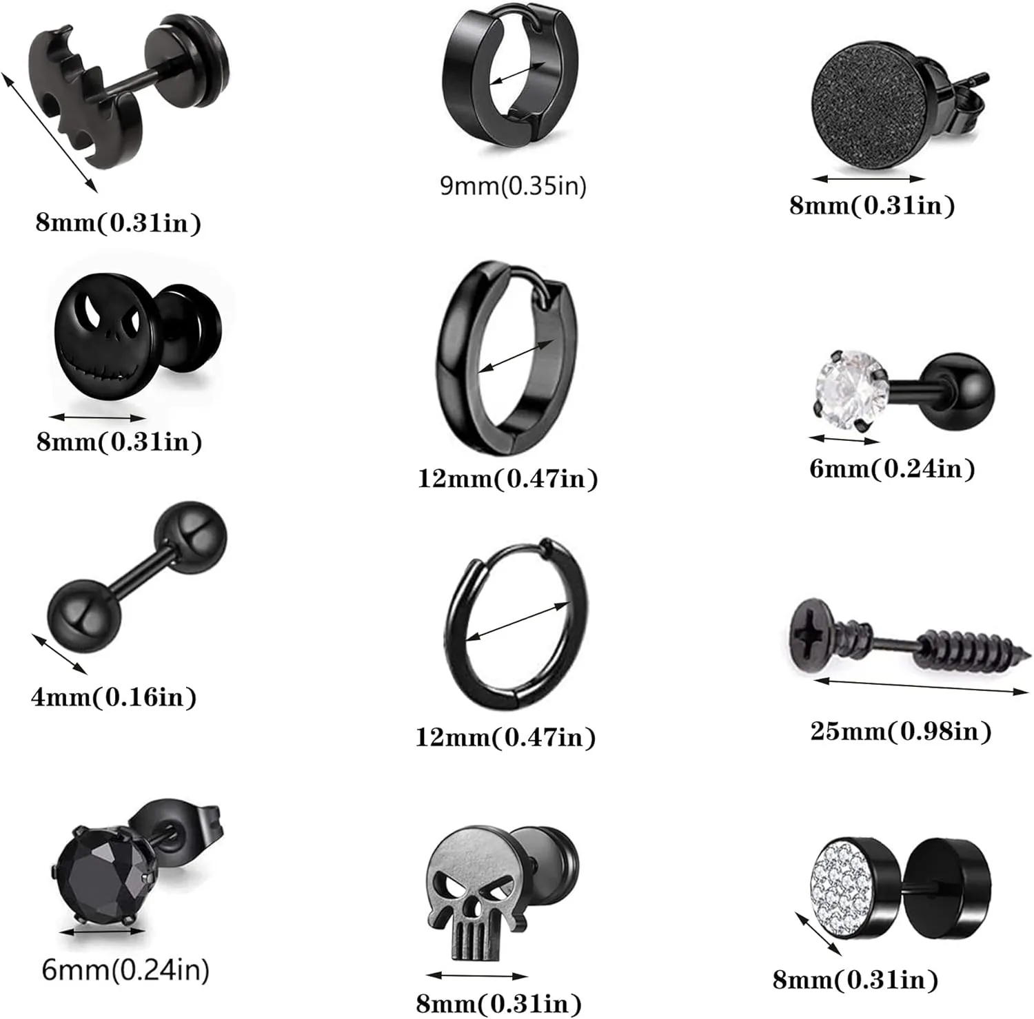 12 Pairs Earrings for Men Punk Mens Earrings Stainless Steel Black Silver Earrings Cool Flatback Screw Skull Stud Earrings for Eboys