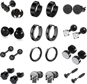 12 Pairs Earrings for Men Punk Mens Earrings Stainless Steel Black Silver Earrings Cool Flatback Screw Skull Stud Earrings for Eboys