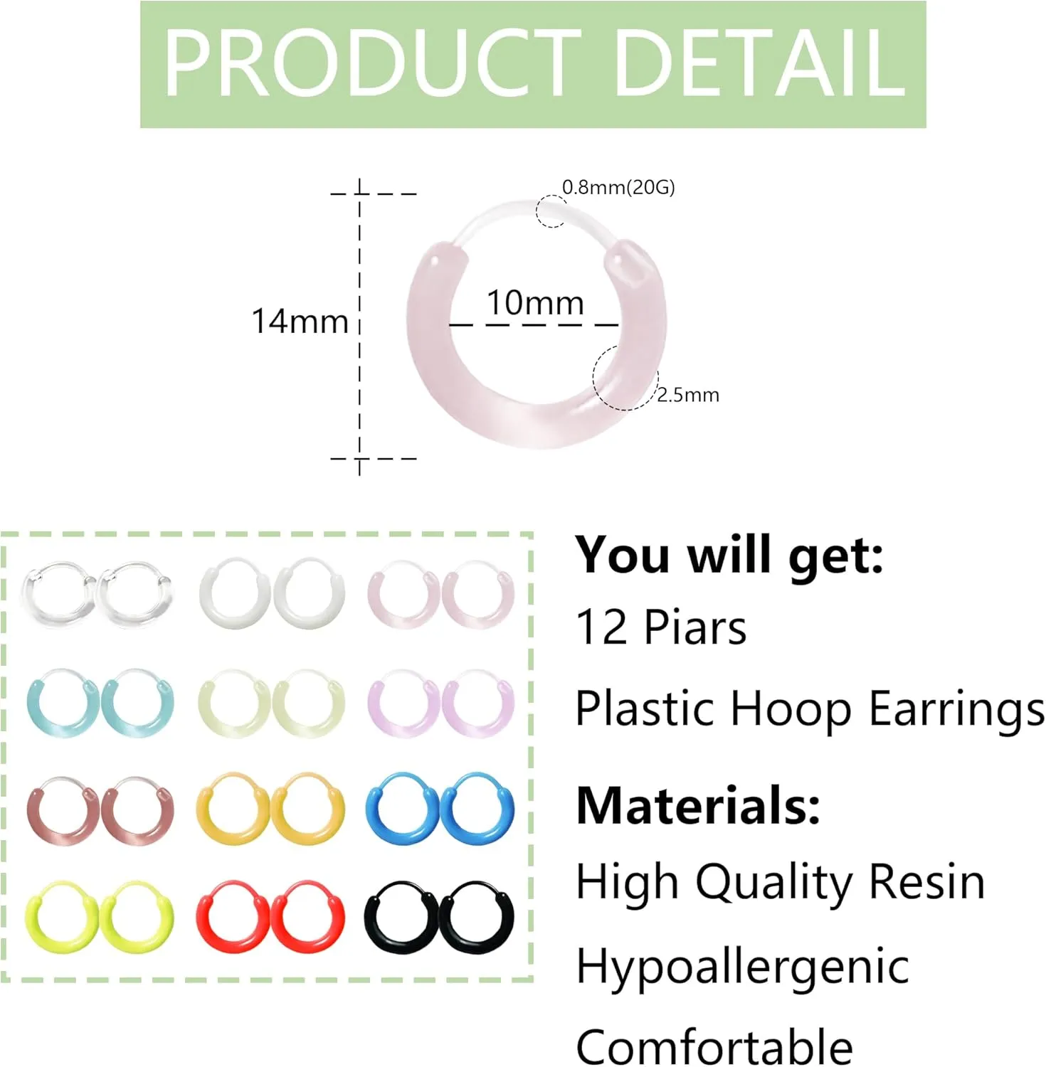 12 Pairs Hoop Earrings for Women - Clear Plastic Hoops for Sensitive Ears