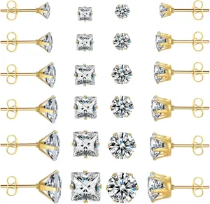 12 Pairs Stainless Steel Earrings for Women with Cubic Zirconia Small Stud Earrings for Men Hypoallergenic Tiny Studs Earrings Multipack Trendy Silver Small Stud Earrings