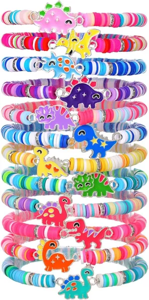 12Pcs Funny Cute Cartoon Dinosaur Polymer Clay Mulrilayer Stackable Bracelets Colorful Enamel Cat Dog Butterfly Friendship Stretch Bracelets for Women Good Friend Preppy Party Y2k Jewelry Gifts