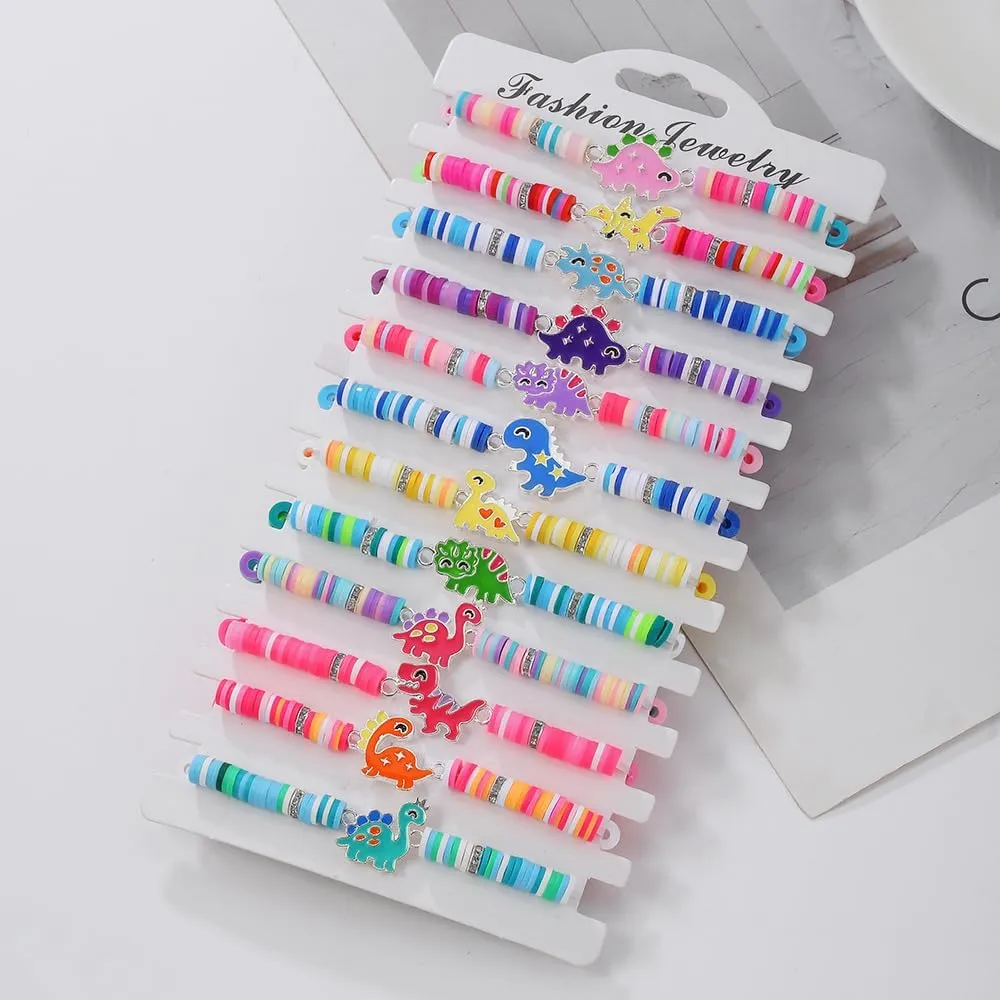 12Pcs Funny Cute Cartoon Dinosaur Polymer Clay Mulrilayer Stackable Bracelets Colorful Enamel Cat Dog Butterfly Friendship Stretch Bracelets for Women Good Friend Preppy Party Y2k Jewelry Gifts