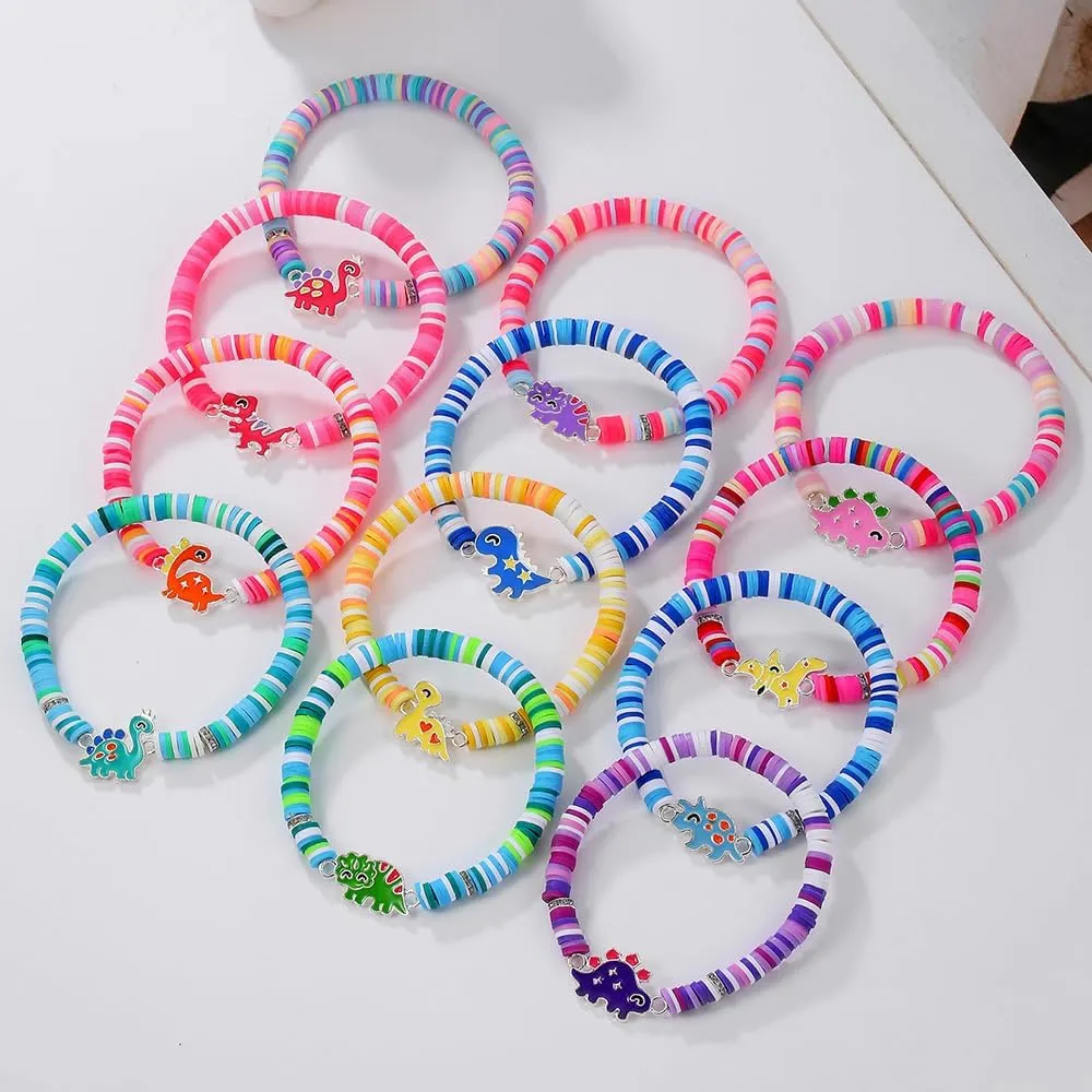 12Pcs Funny Cute Cartoon Dinosaur Polymer Clay Mulrilayer Stackable Bracelets Colorful Enamel Cat Dog Butterfly Friendship Stretch Bracelets for Women Good Friend Preppy Party Y2k Jewelry Gifts