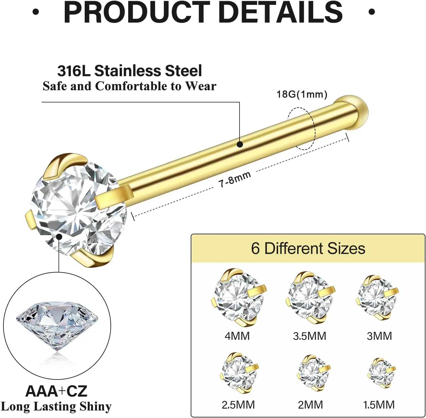 12Pcs Nose Rings Studs 18G 20G 22G Straight Nose Studs Surgical Stainless Steel Nose Rings for Women Hypoallergenic Nose Bone Studs Cubic Zirconia Lip Rings Nose Piercings Jewelry 1.5mm-4mm