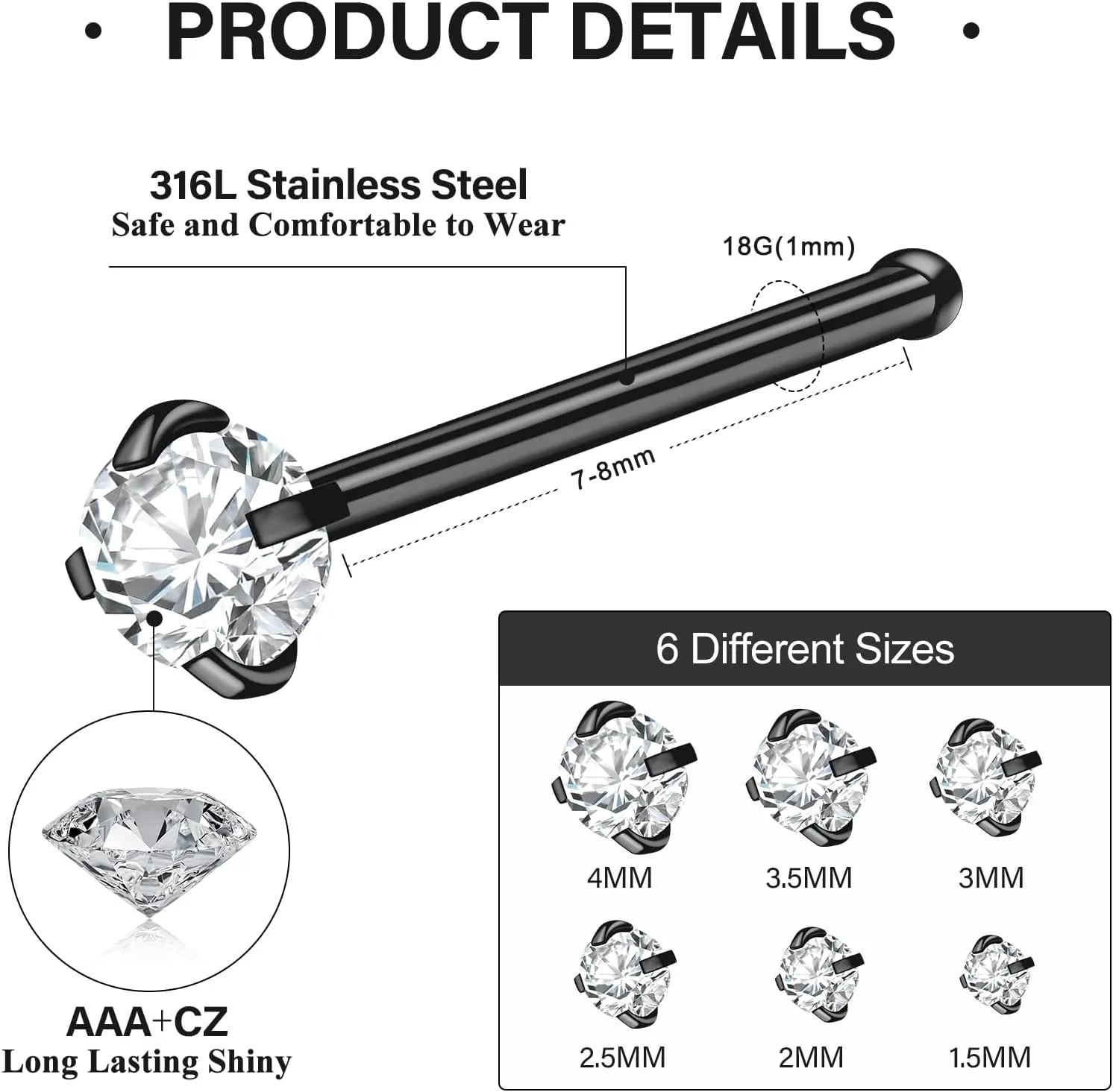 12Pcs Nose Rings Studs 18G 20G 22G Straight Nose Studs Surgical Stainless Steel Nose Rings for Women Hypoallergenic Nose Bone Studs Cubic Zirconia Lip Rings Nose Piercings Jewelry 1.5mm-4mm