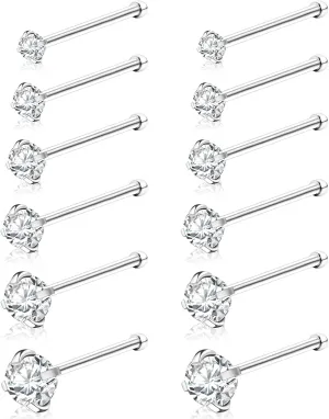 12Pcs Nose Rings Studs 18G 20G 22G Straight Nose Studs Surgical Stainless Steel Nose Rings for Women Hypoallergenic Nose Bone Studs Cubic Zirconia Lip Rings Nose Piercings Jewelry 1.5mm-4mm