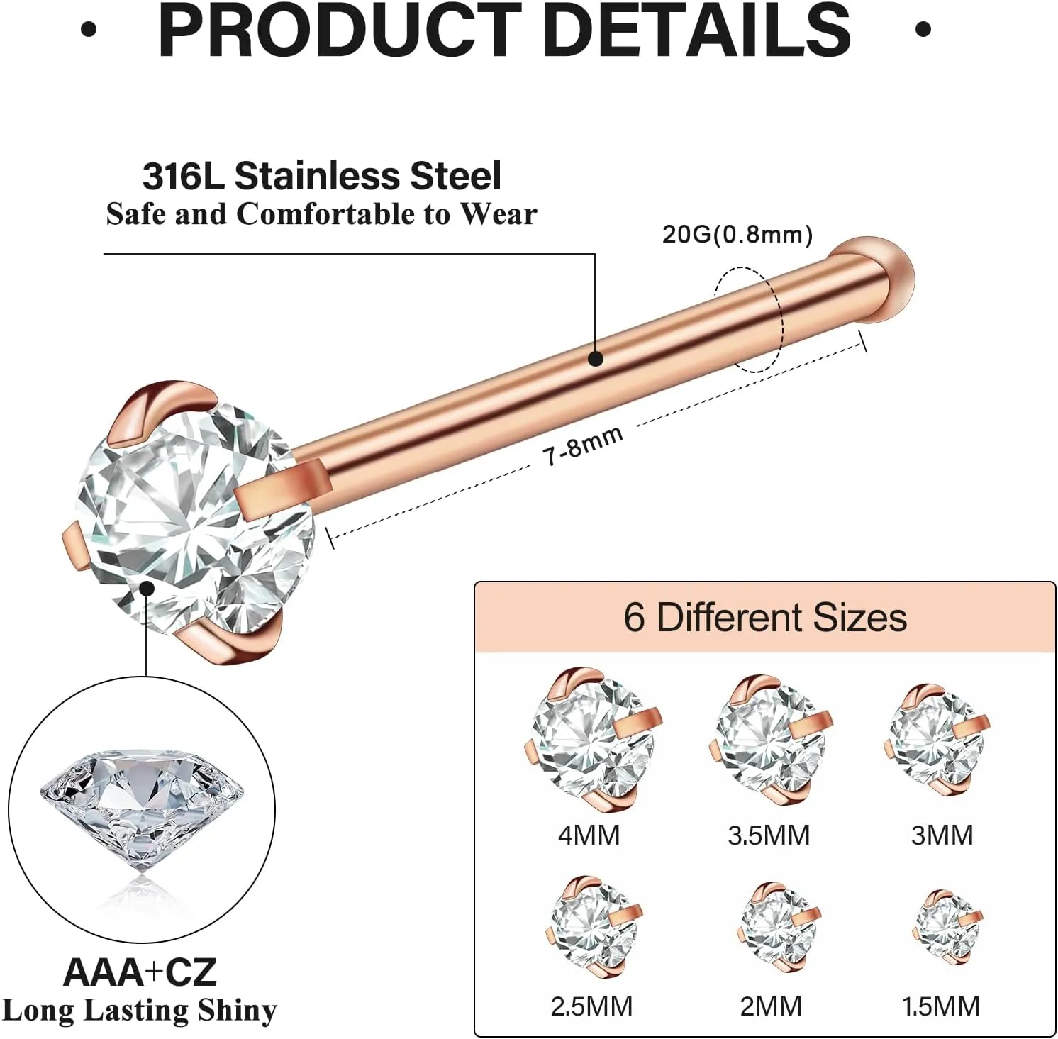 12Pcs Nose Rings Studs 18G 20G 22G Straight Nose Studs Surgical Stainless Steel Nose Rings for Women Hypoallergenic Nose Bone Studs Cubic Zirconia Lip Rings Nose Piercings Jewelry 1.5mm-4mm