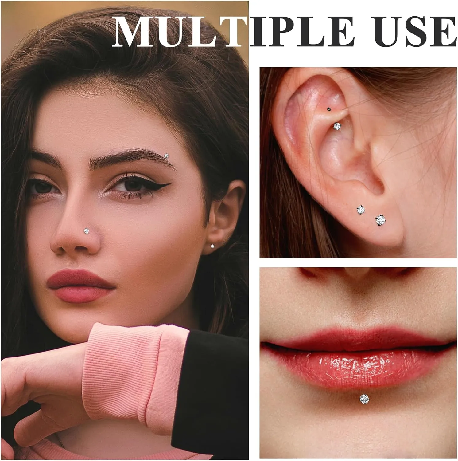 12Pcs Nose Rings Studs 18G 20G 22G Straight Nose Studs Surgical Stainless Steel Nose Rings for Women Hypoallergenic Nose Bone Studs Cubic Zirconia Lip Rings Nose Piercings Jewelry 1.5mm-4mm