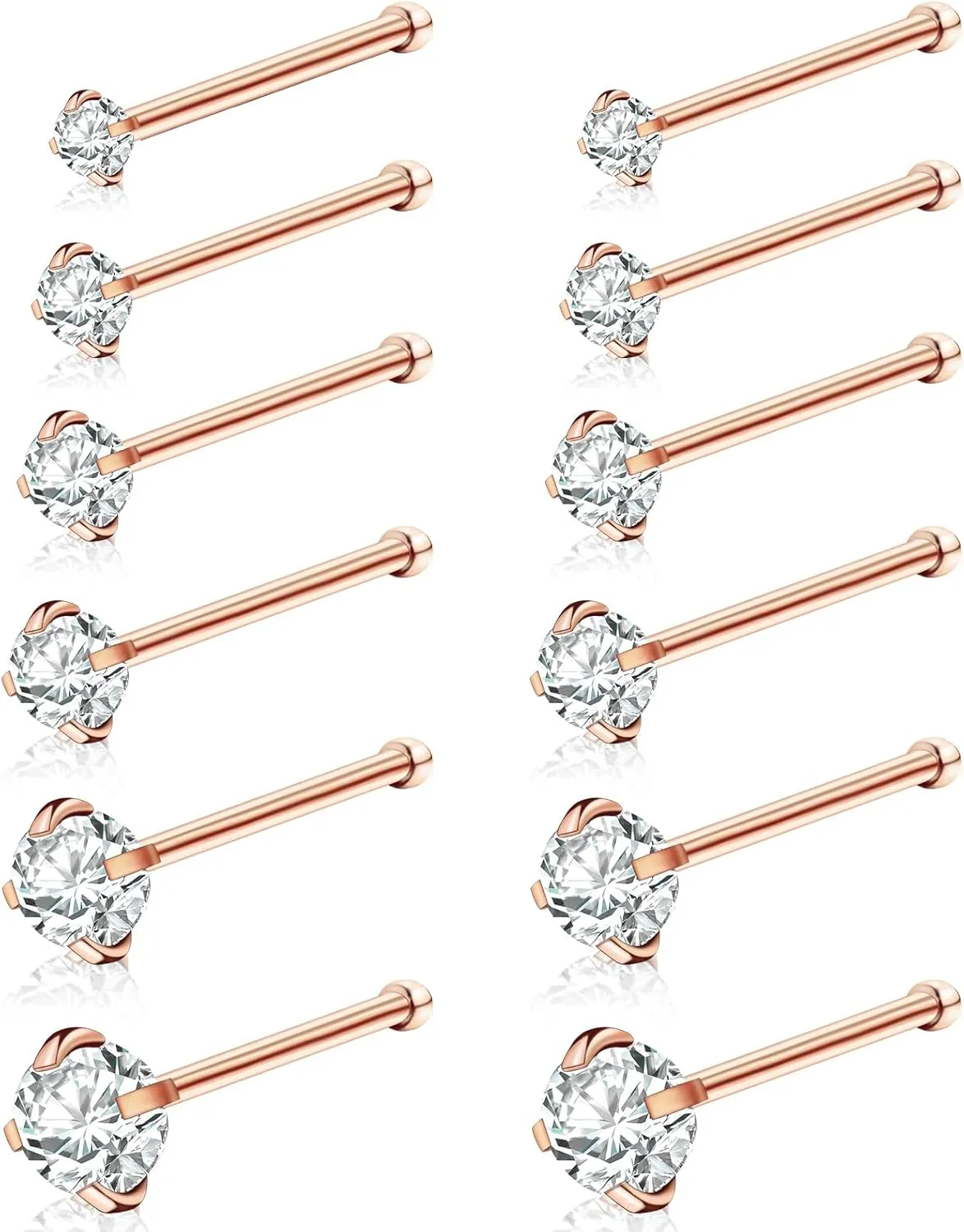 12Pcs Nose Rings Studs 18G 20G 22G Straight Nose Studs Surgical Stainless Steel Nose Rings for Women Hypoallergenic Nose Bone Studs Cubic Zirconia Lip Rings Nose Piercings Jewelry 1.5mm-4mm