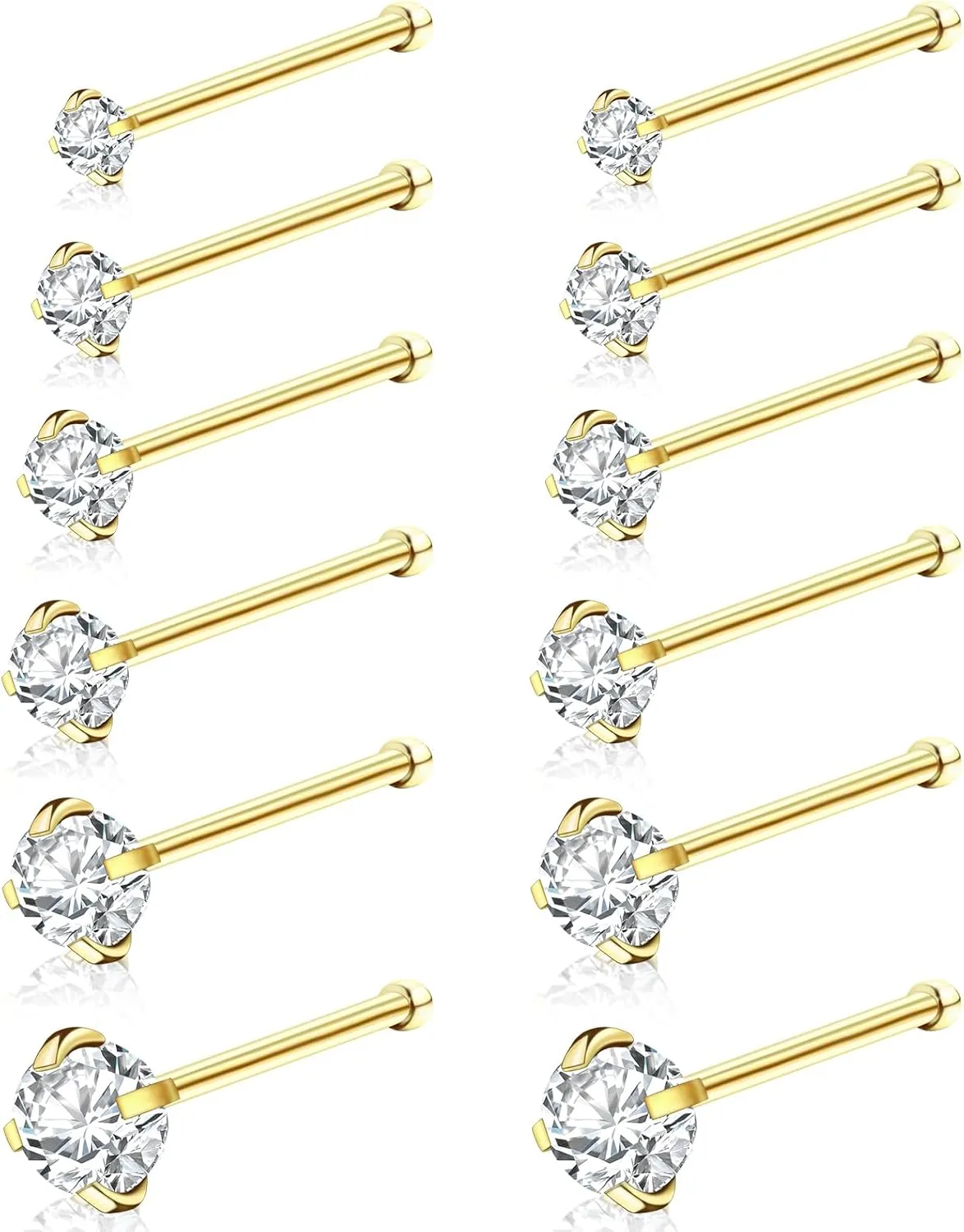 12Pcs Nose Rings Studs 18G 20G 22G Straight Nose Studs Surgical Stainless Steel Nose Rings for Women Hypoallergenic Nose Bone Studs Cubic Zirconia Lip Rings Nose Piercings Jewelry 1.5mm-4mm