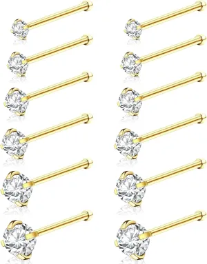 12Pcs Nose Rings Studs 18G 20G 22G Straight Nose Studs Surgical Stainless Steel Nose Rings for Women Hypoallergenic Nose Bone Studs Cubic Zirconia Lip Rings Nose Piercings Jewelry 1.5mm-4mm