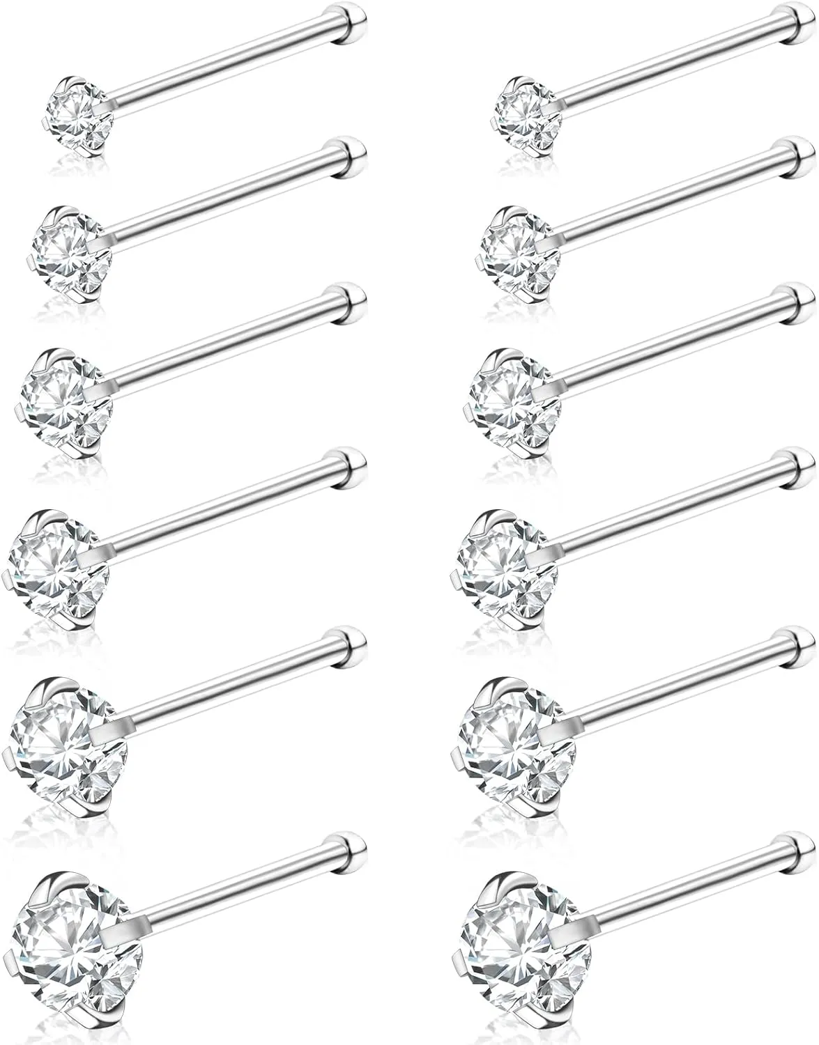 12Pcs Nose Rings Studs 18G 20G 22G Straight Nose Studs Surgical Stainless Steel Nose Rings for Women Hypoallergenic Nose Bone Studs Cubic Zirconia Lip Rings Nose Piercings Jewelry 1.5mm-4mm