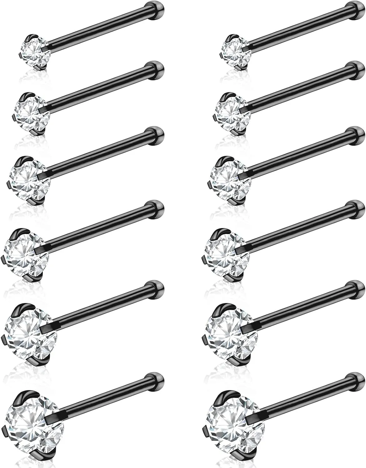 12Pcs Nose Rings Studs 18G 20G 22G Straight Nose Studs Surgical Stainless Steel Nose Rings for Women Hypoallergenic Nose Bone Studs Cubic Zirconia Lip Rings Nose Piercings Jewelry 1.5mm-4mm