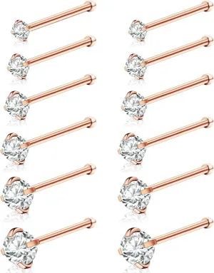 12Pcs Nose Rings Studs 18G 20G 22G Straight Nose Studs Surgical Stainless Steel Nose Rings for Women Hypoallergenic Nose Bone Studs Cubic Zirconia Lip Rings Nose Piercings Jewelry 1.5mm-4mm