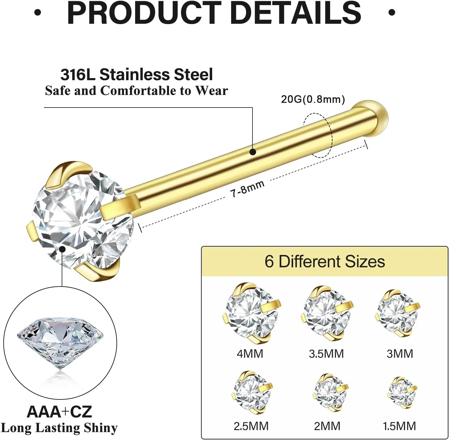 12Pcs Nose Rings Studs 18G 20G 22G Straight Nose Studs Surgical Stainless Steel Nose Rings for Women Hypoallergenic Nose Bone Studs Cubic Zirconia Lip Rings Nose Piercings Jewelry 1.5mm-4mm