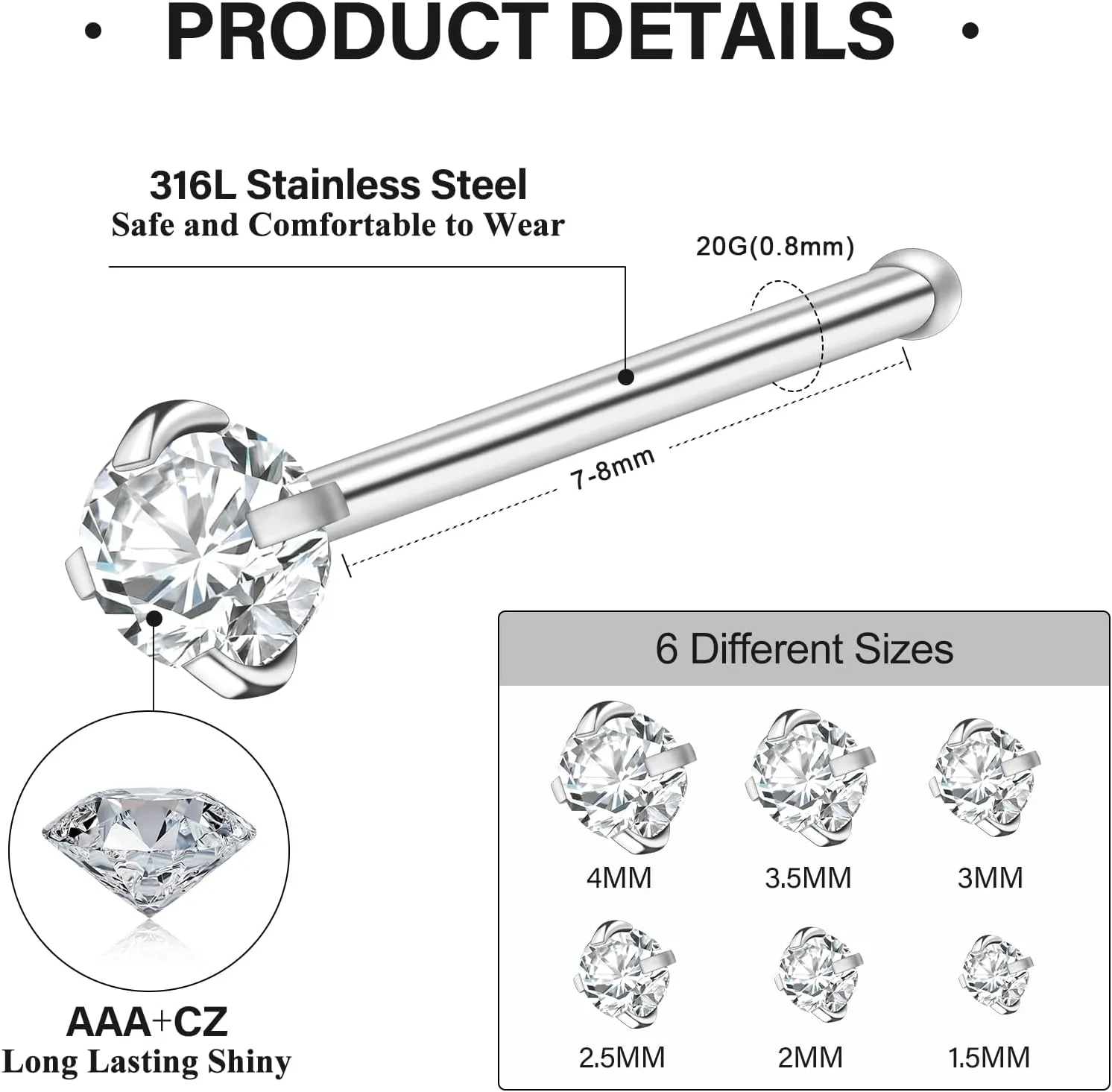 12Pcs Nose Rings Studs 18G 20G 22G Straight Nose Studs Surgical Stainless Steel Nose Rings for Women Hypoallergenic Nose Bone Studs Cubic Zirconia Lip Rings Nose Piercings Jewelry 1.5mm-4mm