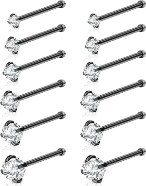 12Pcs Nose Rings Studs 18G 20G 22G Straight Nose Studs Surgical Stainless Steel Nose Rings for Women Hypoallergenic Nose Bone Studs Cubic Zirconia Lip Rings Nose Piercings Jewelry 1.5mm-4mm