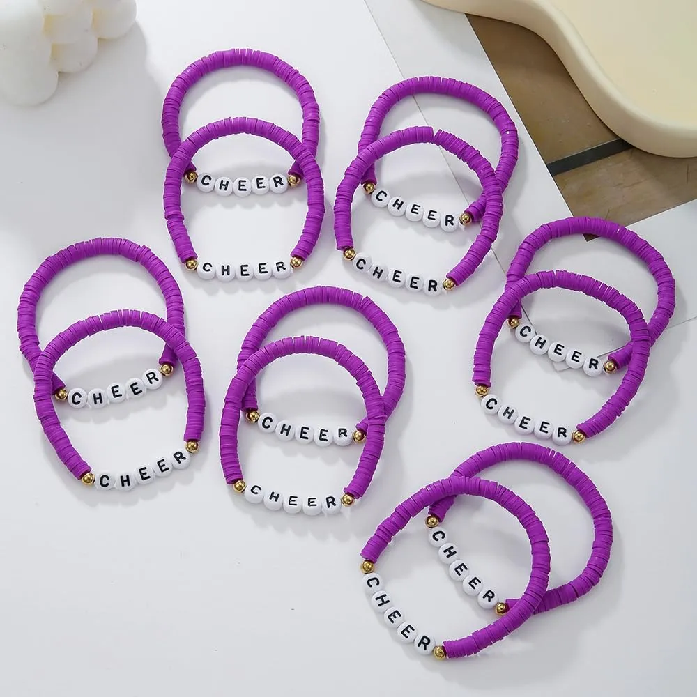 12Pcs Polymer Clay CHEER Stackable Friendship Bracelets Colorful Multilayer Heishi Surfer Clay Gold Beaded CHEER Stretch Bracelets for Women Men Game Day Jewelry Team Cheer Gifts