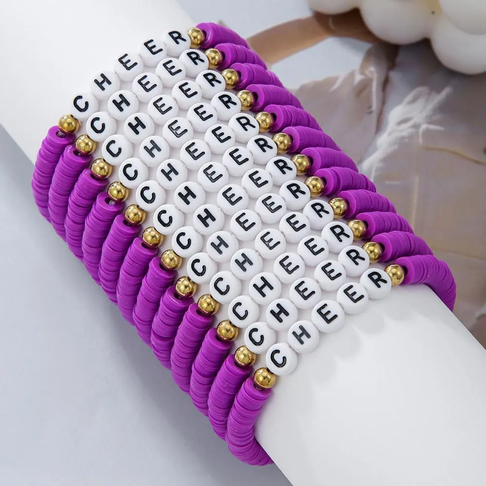 12Pcs Polymer Clay CHEER Stackable Friendship Bracelets Colorful Multilayer Heishi Surfer Clay Gold Beaded CHEER Stretch Bracelets for Women Men Game Day Jewelry Team Cheer Gifts