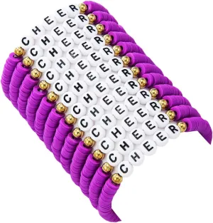 12Pcs Polymer Clay CHEER Stackable Friendship Bracelets Colorful Multilayer Heishi Surfer Clay Gold Beaded CHEER Stretch Bracelets for Women Men Game Day Jewelry Team Cheer Gifts