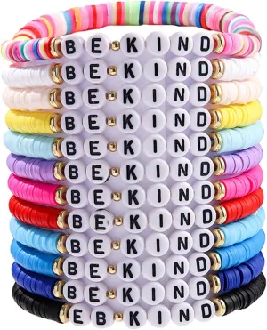 12Pcs Rainbow Polymer Clay WWJD BE KIND Friendship Stackable Bracelets Colorful Multilayer Heishi Surfer Clay Gold Beaded Stretch Preppy Bracelets for Women Men Summer Beach Jewelry Gifts