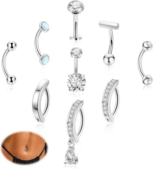 14G 9Pcs Surgical Steel Petite Belly Ring for Women Shiny CZ Clicker Belly Button Ring Hypoallergenic Curved Barbell Navel Ring Simple Floating Belly Piercing Jewelry Pack