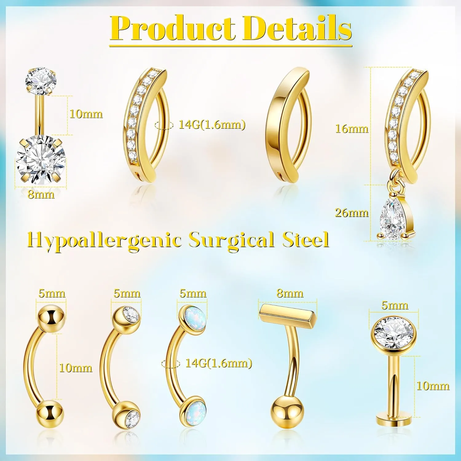 14G 9Pcs Surgical Steel Petite Belly Ring for Women Shiny CZ Clicker Belly Button Ring Hypoallergenic Curved Barbell Navel Ring Simple Floating Belly Piercing Jewelry Pack