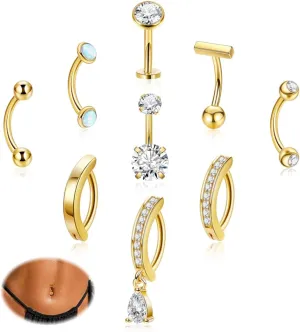 14G 9Pcs Surgical Steel Petite Belly Ring for Women Shiny CZ Clicker Belly Button Ring Hypoallergenic Curved Barbell Navel Ring Simple Floating Belly Piercing Jewelry Pack