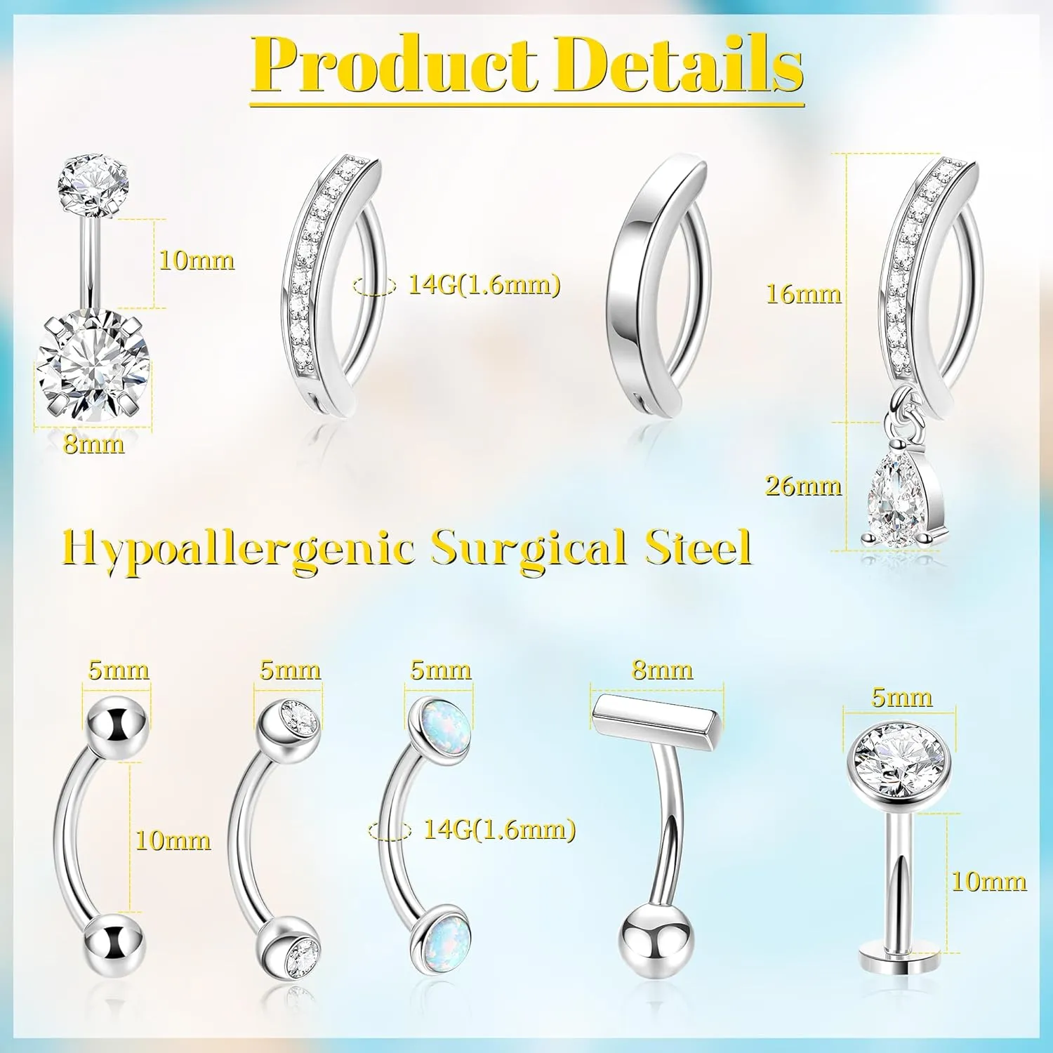 14G 9Pcs Surgical Steel Petite Belly Ring for Women Shiny CZ Clicker Belly Button Ring Hypoallergenic Curved Barbell Navel Ring Simple Floating Belly Piercing Jewelry Pack