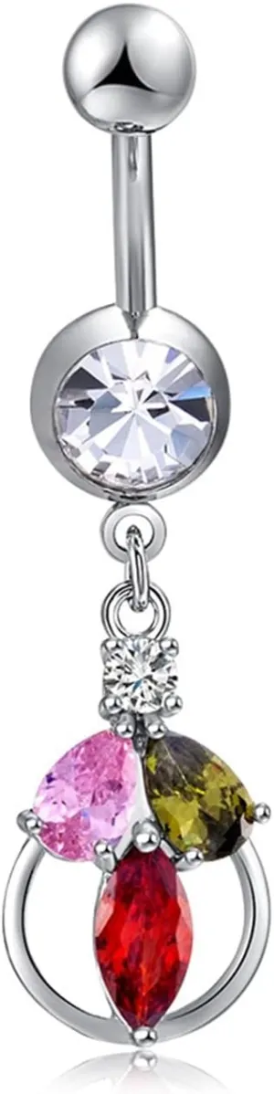 14G Belly Button Rings Simple Belly Piercing Stainless Steel,Leaf Dangle with Cubic Zirconia Silver Navel Rings for Women