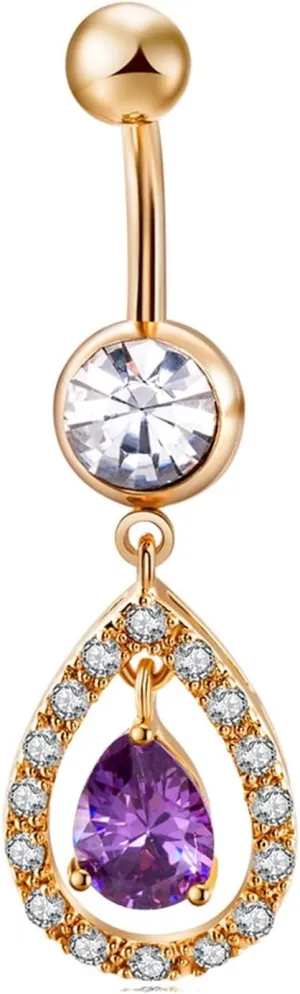 14G Belly Button Rings Simple Long Belly Button Ring Stainless Steel,Teardrop Dangle with Cubic Zirconia Long Gold Navel Rings for Women