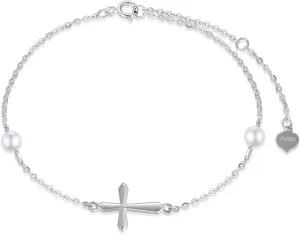 14k Gold Cross Anklets for Women, Real Pearl Religious Ankle Bracelet Gifts for Her, 9.4" 0.8" 0.8"