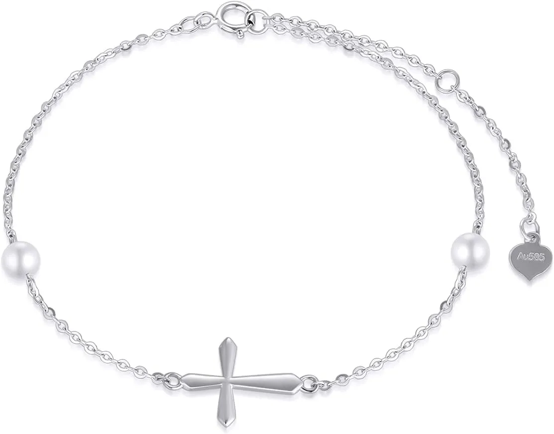 14k Gold Cross Anklets for Women, Real Pearl Religious Ankle Bracelet Gifts for Her, 9.4" 0.8" 0.8"