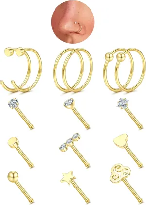 14K Gold Filled 20G Nose Rings Gold Nose Studs L S I Shape CZ Hypoallergenic Stainless Steel Nose Piercing Jewelry Nose Rings Nose Studs Screw for Women Men Nostril Piercing Jewelry 12-15Pcs