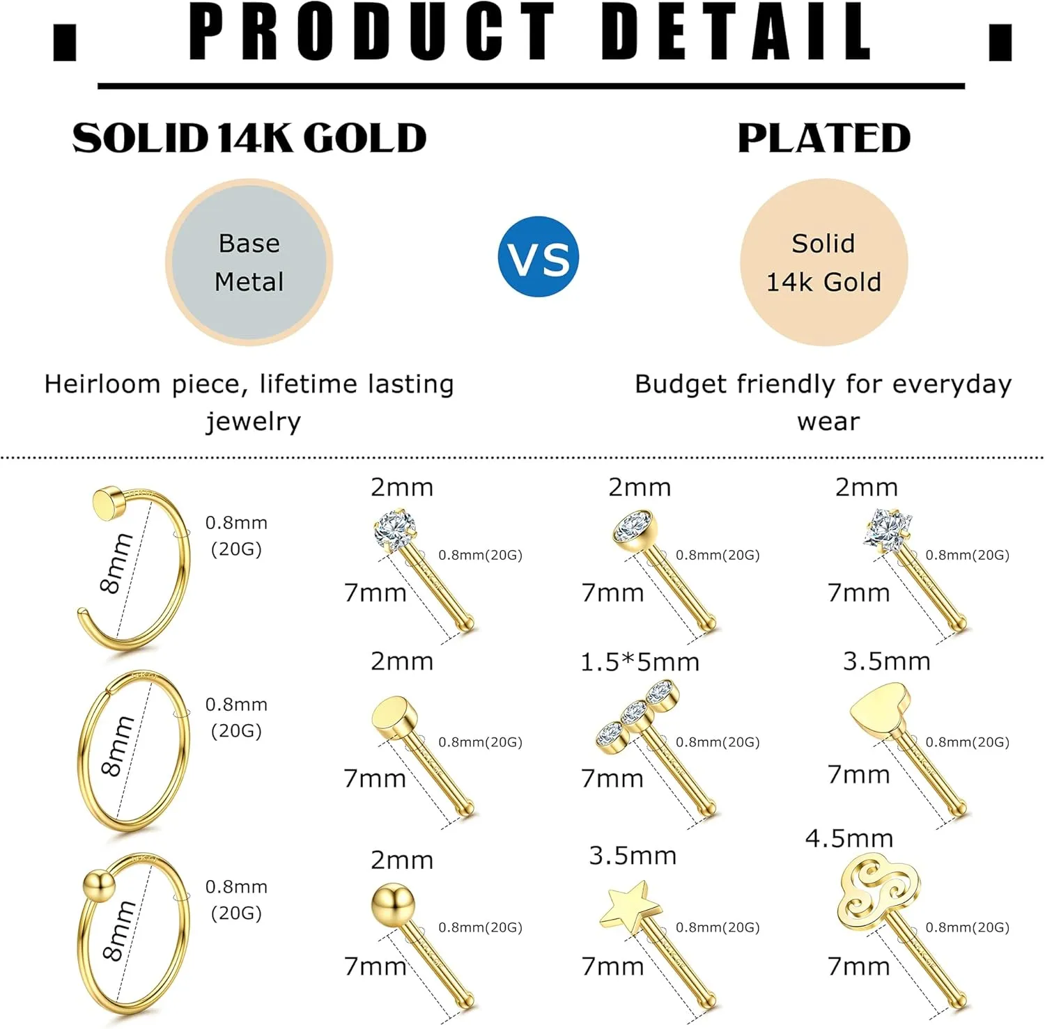 14K Gold Filled 20G Nose Rings Gold Nose Studs L S I Shape CZ Hypoallergenic Stainless Steel Nose Piercing Jewelry Nose Rings Nose Studs Screw for Women Men Nostril Piercing Jewelry 12-15Pcs