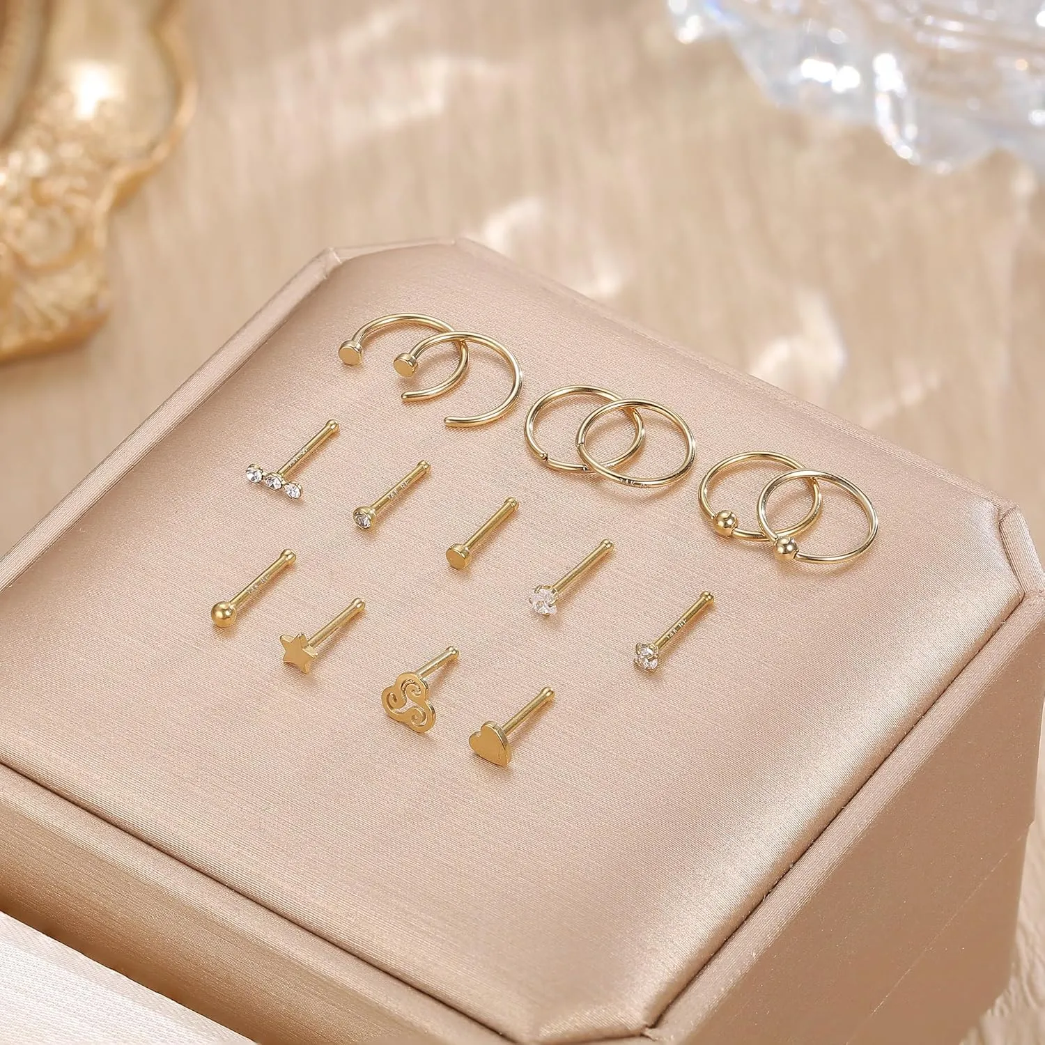 14K Gold Filled 20G Nose Rings Gold Nose Studs L S I Shape CZ Hypoallergenic Stainless Steel Nose Piercing Jewelry Nose Rings Nose Studs Screw for Women Men Nostril Piercing Jewelry 12-15Pcs